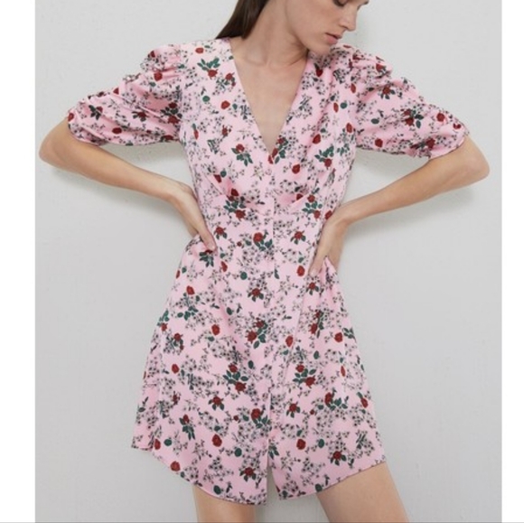 Satin Rose Floral Print Pink Mini Dress - Picture 1 of 12